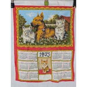 Vtg Mid Century Folk Tea Towel 1975 Calendar Dog Cat 1950s Linen Retro Kitchen